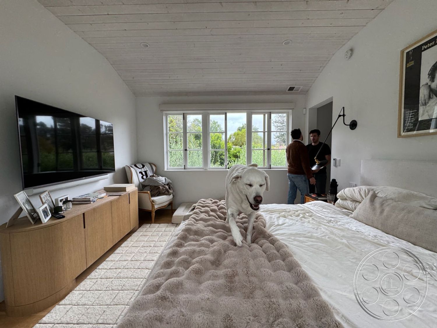Spanish 165 - neutral color palette, cozy atmosphere, soft area rug, TV mounted on wall, textured plaster walls, ambient lighting fixture, contemporary armchair, natural light-filled space, hardwood bedroom floors, wood beam ceiling, modern wooden dresser, interior bedroom with vaulted ceiling, large casement windows with garden view, upholstered bed with cream bedding, framed art on wall, homey decor accents, dog on bed