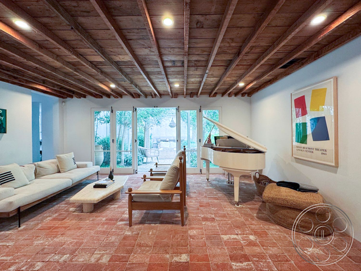 Spanish 165 - natural light, textured wall art, large glass sliding doors, contemporary furniture, open floor plan, comfortable sectional sofa, terracotta tile flooring, mid-century modern style, low coffee table, exposed wood ceiling beams, minimalist interior design, white painted walls, modern grand piano, outdoor garden patio view, urban living space, interior living area