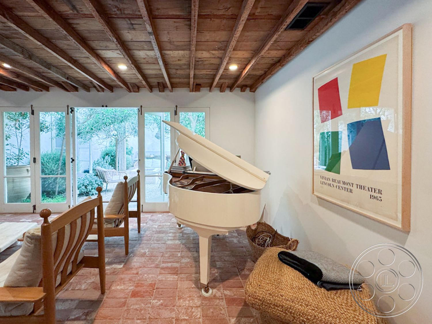 Spanish 165 - cozy seating area, relaxed living space, outdoor garden view, exposed wood ceiling beams, interior living room, natural light interior, white painted walls, open layout design, contemporary art wall decor, modern grand piano, terra cotta tiled flooring, glass panel sliding doors, rustic charm elements