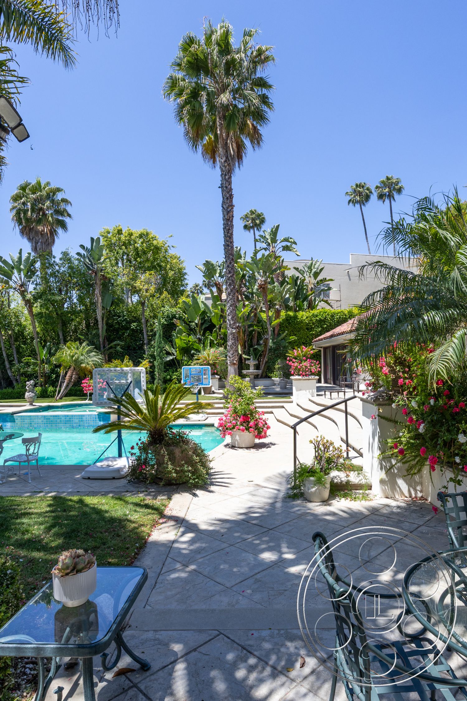 Medit 165 - exterior, palm trees, tropical plants, rectangular swimming pool, flowering shrubs, poolside seating area, metal garden chairs, landscaped garden setting, concrete patio floor, glass patio table, sunny outdoor environment, decorative planter pots, walkway with decorative stone, pool deck with decorative landscaping