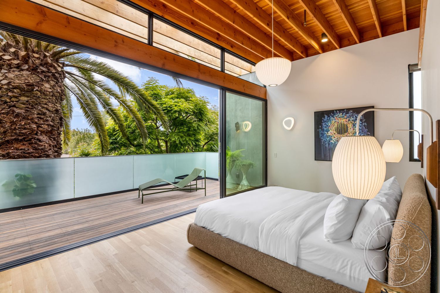 Modern 508 - neutral color palette, natural light, modern architecture, open floor plan, floor-to-ceiling windows, master bedroom, contemporary light fixtures, textured plaster wall, hardwood bedroom floors, wood beam ceiling, glass balcony railing, tropical garden view, relaxing retreat environment