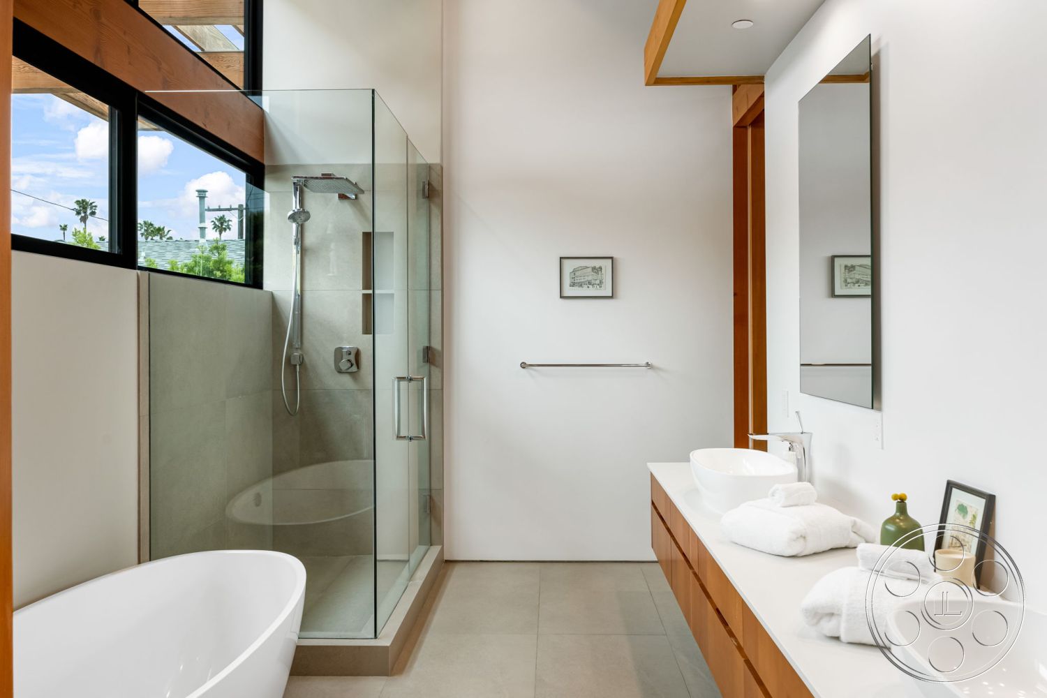 Modern 508 - neutral color palette, glass shower enclosure, spa-like atmosphere, modern interior, sustainable materials, wall-mounted faucet, minimalist bathroom design, natural light through large windows, floating wooden vanity, freestanding soaking tub, concrete bathroom flooring, open shelving bathroom storage, large format tile shower walls, rectangular wall mirror, wood trim accents