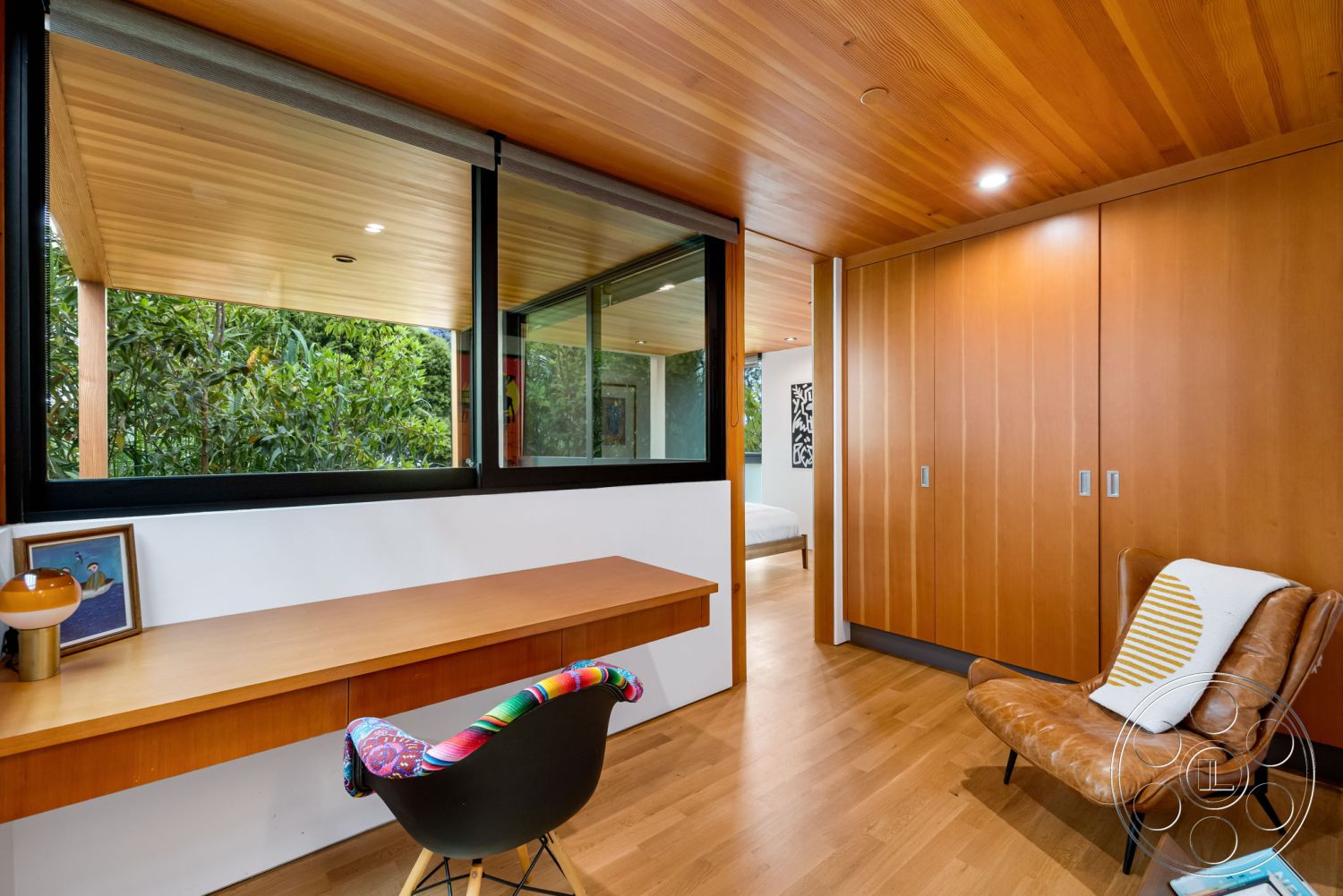 Modern 508 - interior hardwood flooring, interior minimalistic design, interior floor-to-ceiling windows, interior wooden cabinetry, interior modern workspace, interior wood panel ceiling, interior glass window frames, interior leather lounge chair, interior colorful patterned chair, interior clean lines architecture, interior natural light space, interior contemporary aesthetics, interior green garden view