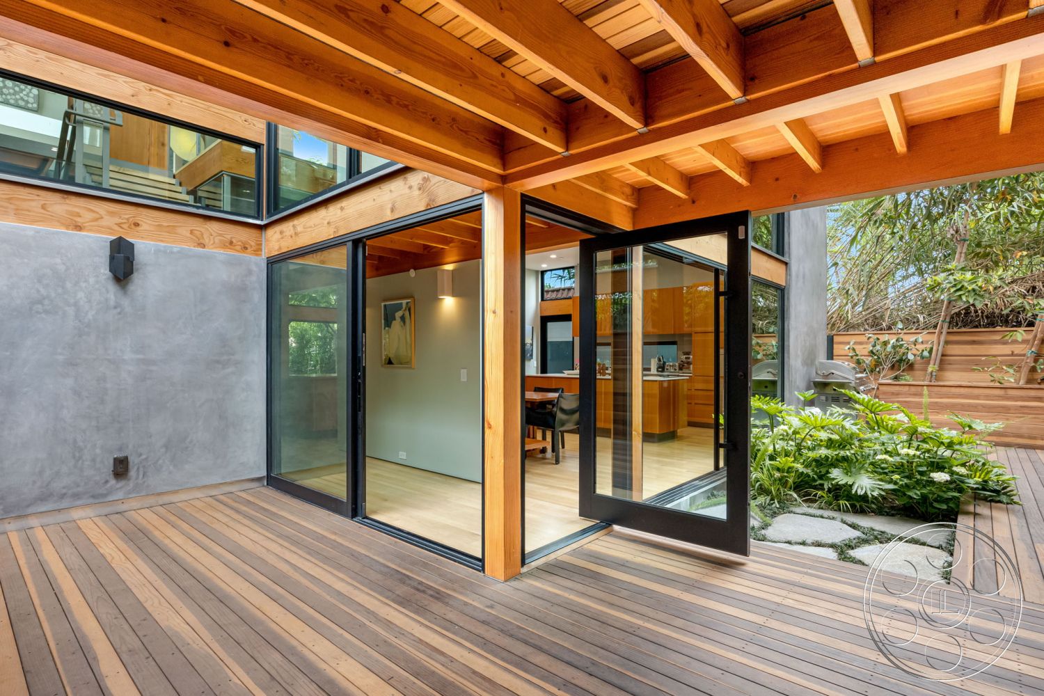Modern 508 - natural wood accents, minimalist design elements, glass sliding doors, smooth concrete surface, floor-to-ceiling windows, open concept living space, textured wall treatments, contemporary architectural style, exposed wood ceiling beams, exterior landscaped garden area, interior hardwood flooring, interior ambient lighting, exterior wooden deck, surrounding lush greenery, exterior concrete wall, interior lounge area, structured wall with natural light, interior modern kitchen with wood cabinets, recessed wall lighting, cascading indoor greenery, inviting outdoor living space