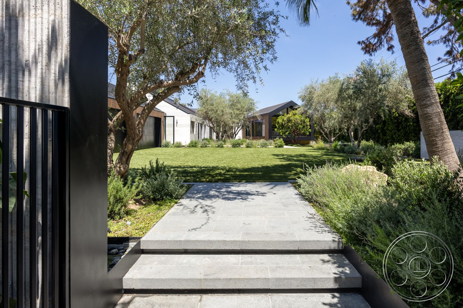 Modern 510 - low-maintenance landscaping, modern architecture, concrete steps, contemporary outdoor space, privacy hedges, horizontal wood siding, flat roof design, landscaped garden setting, minimalist exterior design, exterior concrete pathway, gray slate stepping stones, native drought-resistant plants, open green lawn, architectural concrete wall, filtered sunlight through greenery, suburban residential property