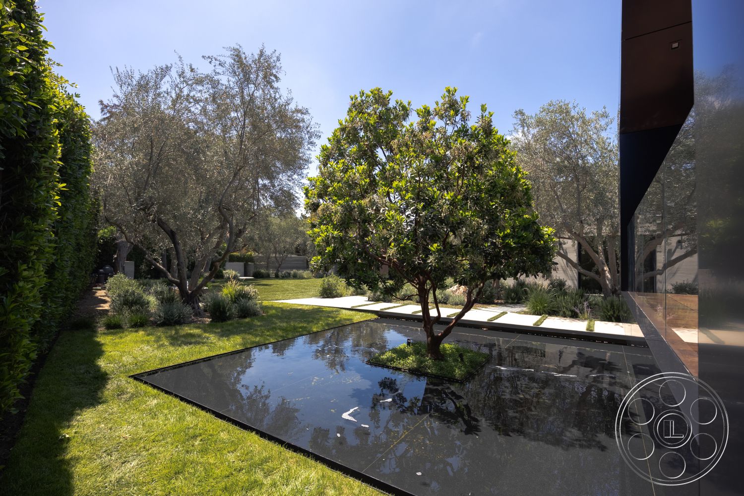 Modern 510 - surrounding greenery, sunny courtyard, lush green landscaping, exterior garden setting, black granite water feature, rectangular reflection pool, mature olive trees, granite stone path, low-maintenance ornamental shrubs, modern minimalist design elements, contemporary architectural facade