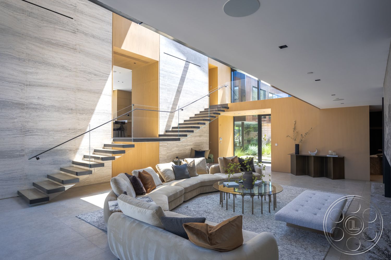 Modern 510 - exposed concrete wall, large floor-to-ceiling windows, textured wall treatments, minimalist decor style, neutral color palette interior, contemporary sitting area, wood paneling interior, concrete floor tiles, marble feature wall interior, floating staircase with steel railings, modern open living space, soft area rug in living room, designer coffee table, minimalist couch, natural light from large glass doors, architectural details in modern design, luxurious living room setting, sculptural staircase elements, ample indoor greenery, open layout home, urban residential space