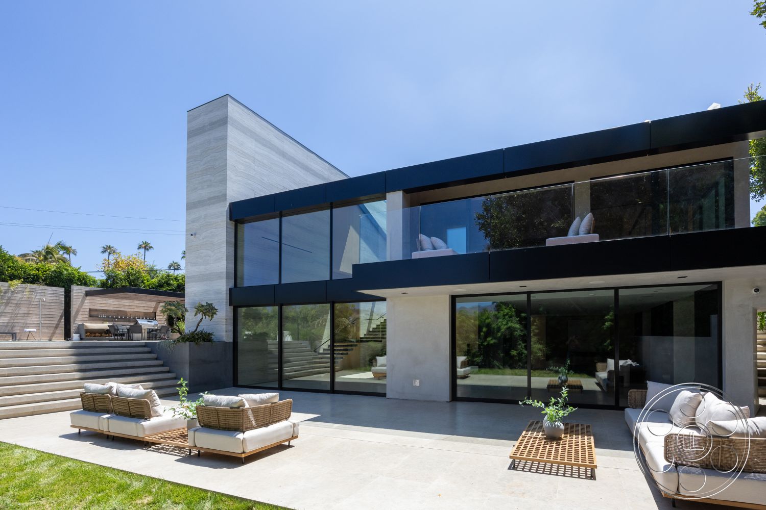 Modern 510 - landscaped garden, rectangular swimming pool, concrete terrace, modern architectural style, urban residential setting, exposed wood ceiling beams, floor-to-ceiling glass windows, exterior concrete walls, multilevel, exterior stone steps, exterior glass balcony railings, exterior concrete patio flooring, sloped yard design, courtyard setting, steel outdoor furniture, open-concept outdoor lounge area