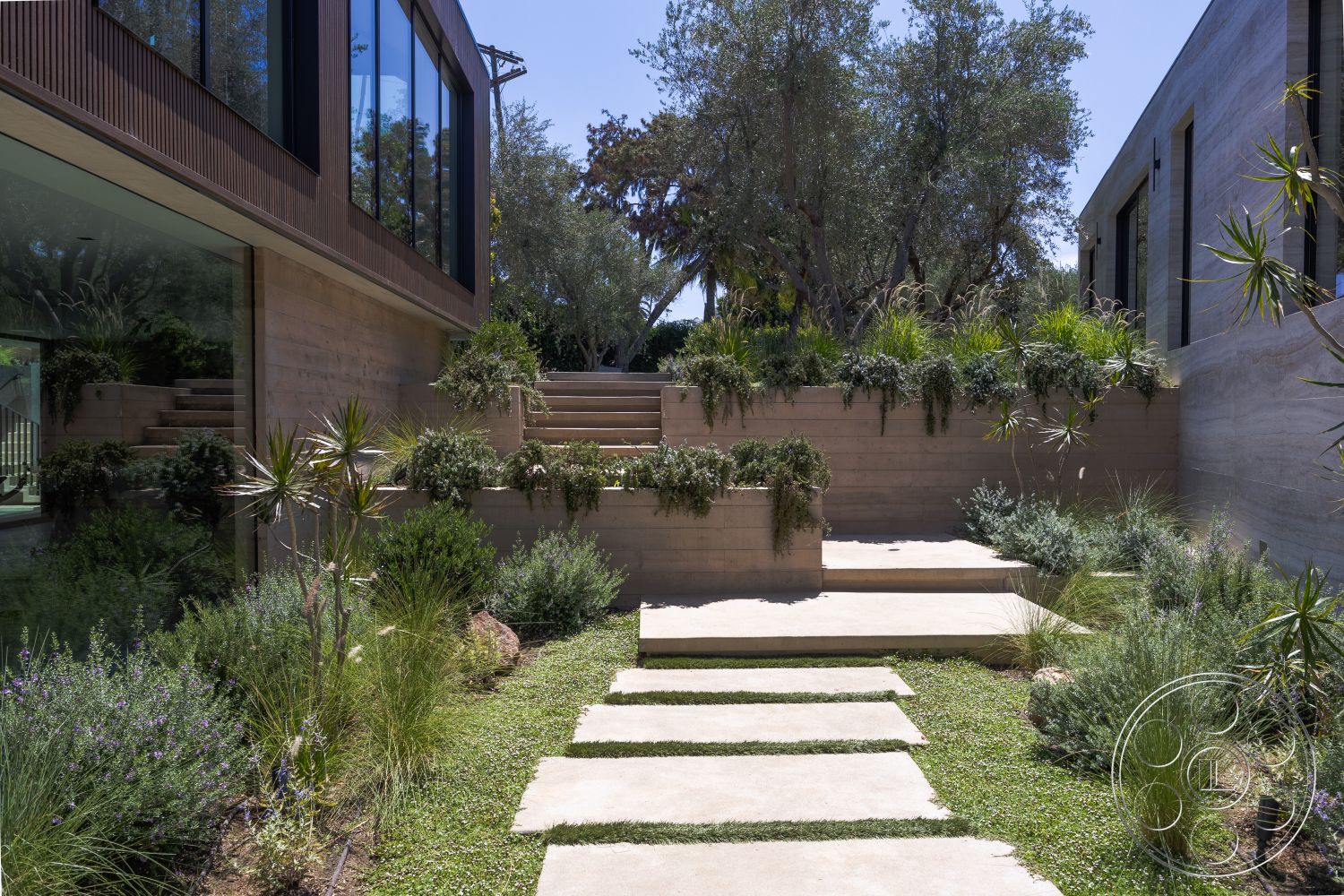 Modern 510 - natural stone accents, floor-to-ceiling windows, horizontal wood siding, exterior landscaped garden, exterior concrete walls, exterior concrete steps, rectangular concrete patio, exterior concrete pathway, exterior stone garden planters, tiered garden beds, palms and shrubs garden, architectural modern design, minimalist landscape architecture, urban outdoor setting
