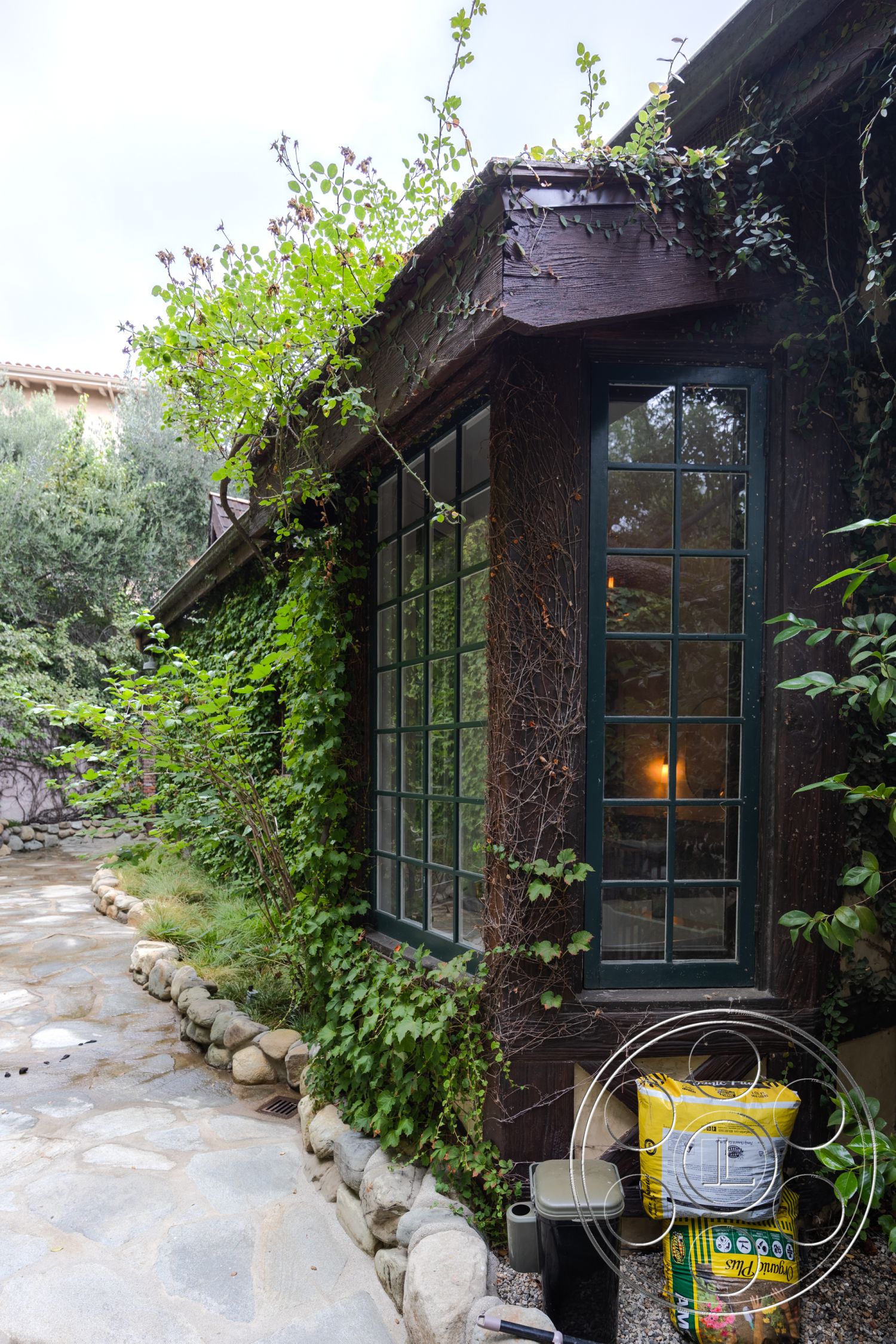 Mansion 2 - exposed wooden beams, stone pathway, suburban backyard, vintage light fixtures, natural light through windows, rustic garden setting, natural stone border, curved building form, garden patio area, wood siding exterior, green leaded glass windows, climbing ivy on walls, landscape vegetation, decorative gravel landscaping, textured plaster wall accent, soft yellow wall tones, variegated plantings, rural home environment, outdoor storage containers, cozy architectural details