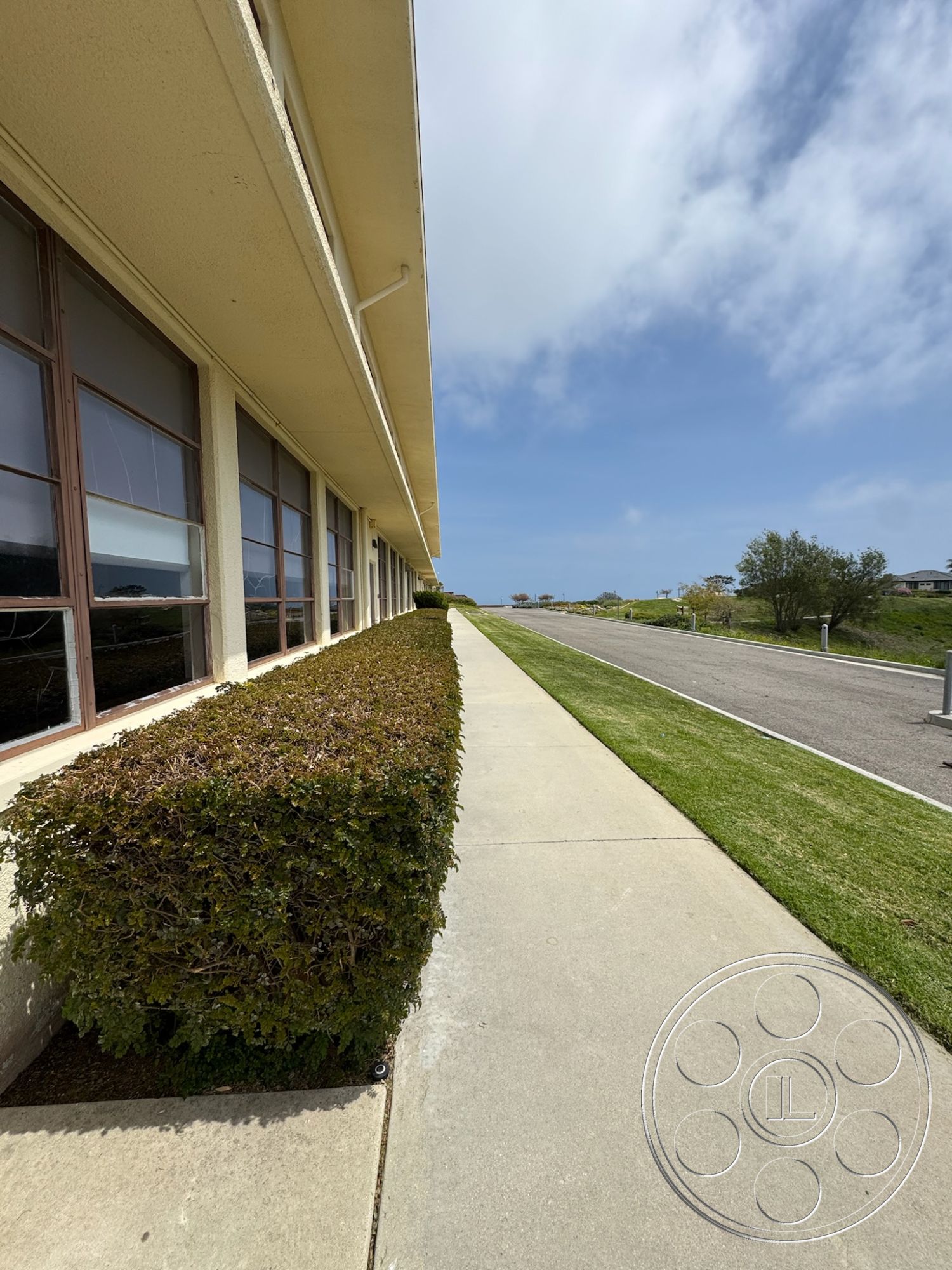 School 1 - large glass windows, urban setting, clear blue sky, adjacent road, exterior concrete sidewalk, exterior manicured hedges, rectangular building shape, commercial building facade, flat roof building with overhang, landscaped green grass