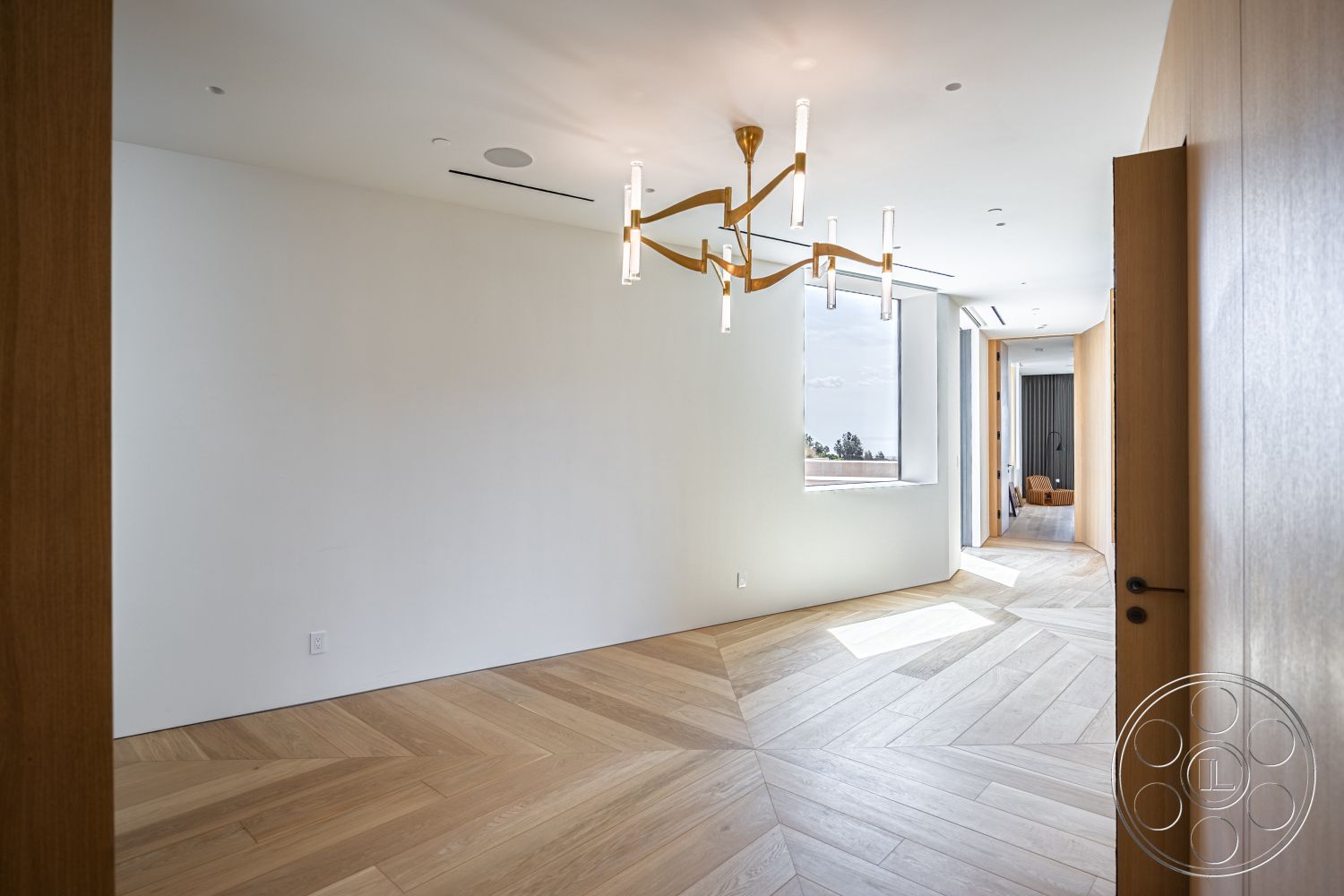 Modern 511 - interior recessed ceiling lighting, interior white painted walls, interior open floor plan, interior modern chandelier lighting, interior smooth plaster walls, interior minimalist design elements, interior hardwood chevron pattern floors, interior large square windows, interior warm wood door frames, interior natural light from window