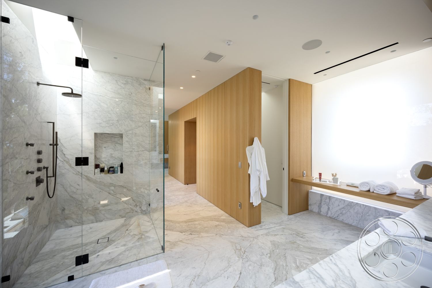 Modern 511 - glass shower enclosure, natural wood accent wall, modern minimalist design, interior bathroom, marble bathroom flooring, black hardware fixtures, textured marble shower walls, floating wooden bench, spa-like bathroom setting, luxurious bathroom retreat
