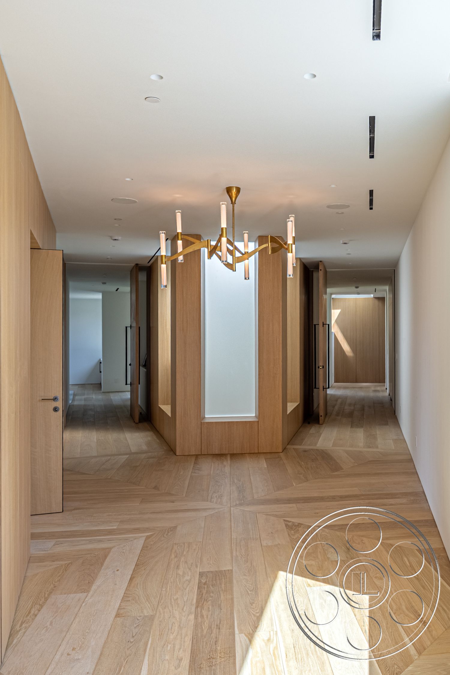 Modern 511 - interior hardwood flooring, interior recessed lighting fixtures, interior open hallway design, interior oak wood paneling, interior modern chandelier, interior chevron pattern wood floor, interior minimalist door design, interior soft white plaster walls, interior angular room layout, interior glass partition details
