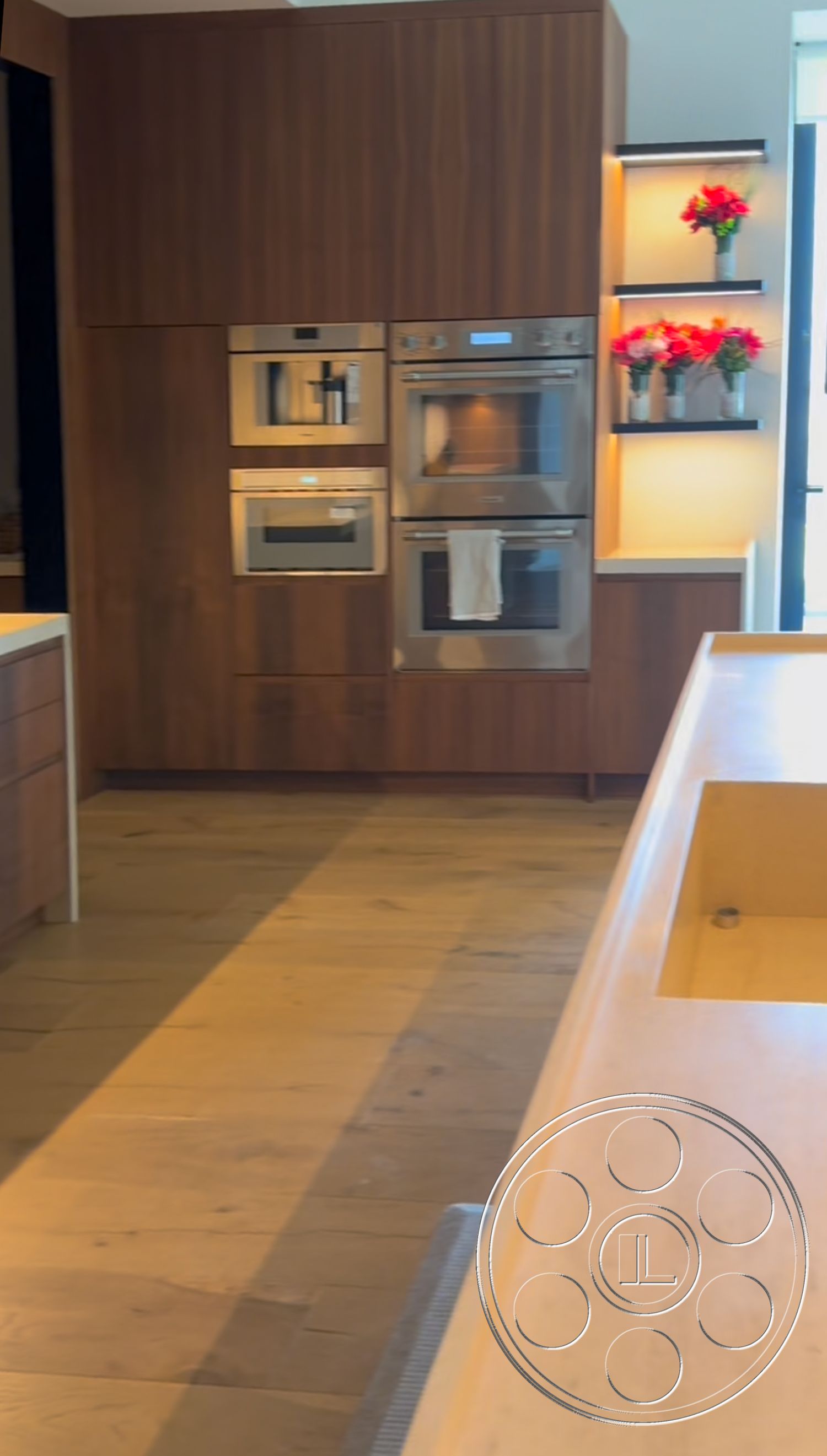 Modern 481 - quartz countertop, stainless steel appliances, contemporary kitchen design, open concept kitchen, minimalist kitchen layout, integrated refrigerator, floating kitchen shelves, natural light kitchen, hardwood flooring kitchen, wood cabinetry kitchen, built-in ovens, recessed lighting kitchen