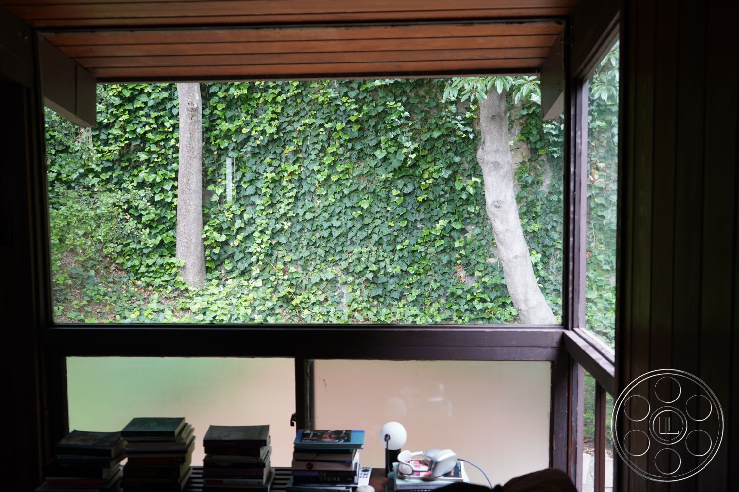 MCM 25 - natural light interior, minimalist interior design, wooden ceiling beams interior, exposed wood paneling interior, large glass window interior, view of ivy-covered wall exterior, stacks of books interior, metal lamp interior, wooden table surface interior, green foliage outside view, tree trunk visible exterior