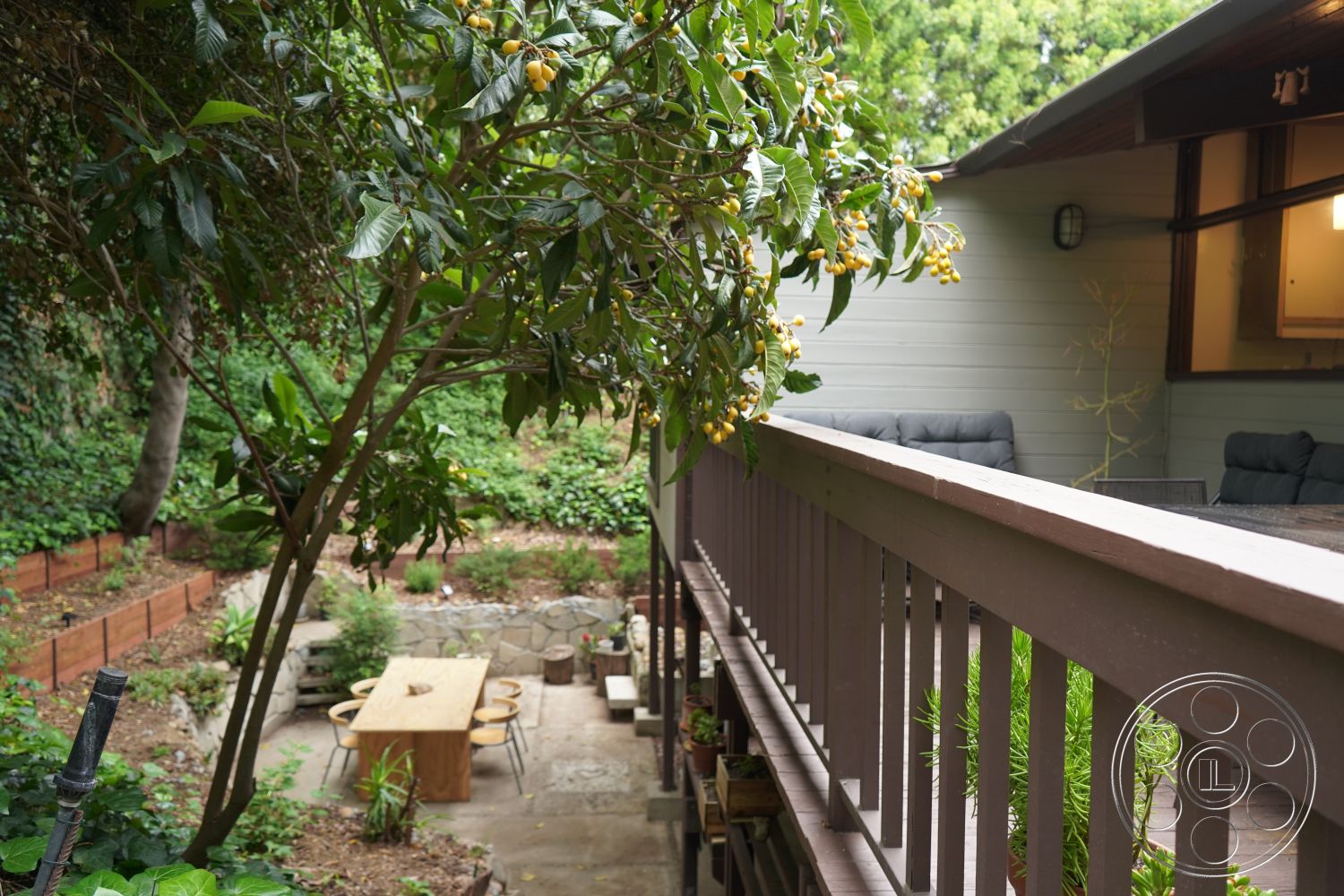 MCM 25 - wood deck railing exterior, natural stone patio flooring exterior, rectangular wooden dining table exterior, outdoor seating area with cushioned chairs exterior, lush garden landscaping exterior, wooden planter boxes exterior, green leafy trees and plants environment, sloping hillside location exterior, open-air dining setup exterior, modern home design exterior, exposed wooden beams exterior, landscaped garden beds exterior, urban garden setting exterior