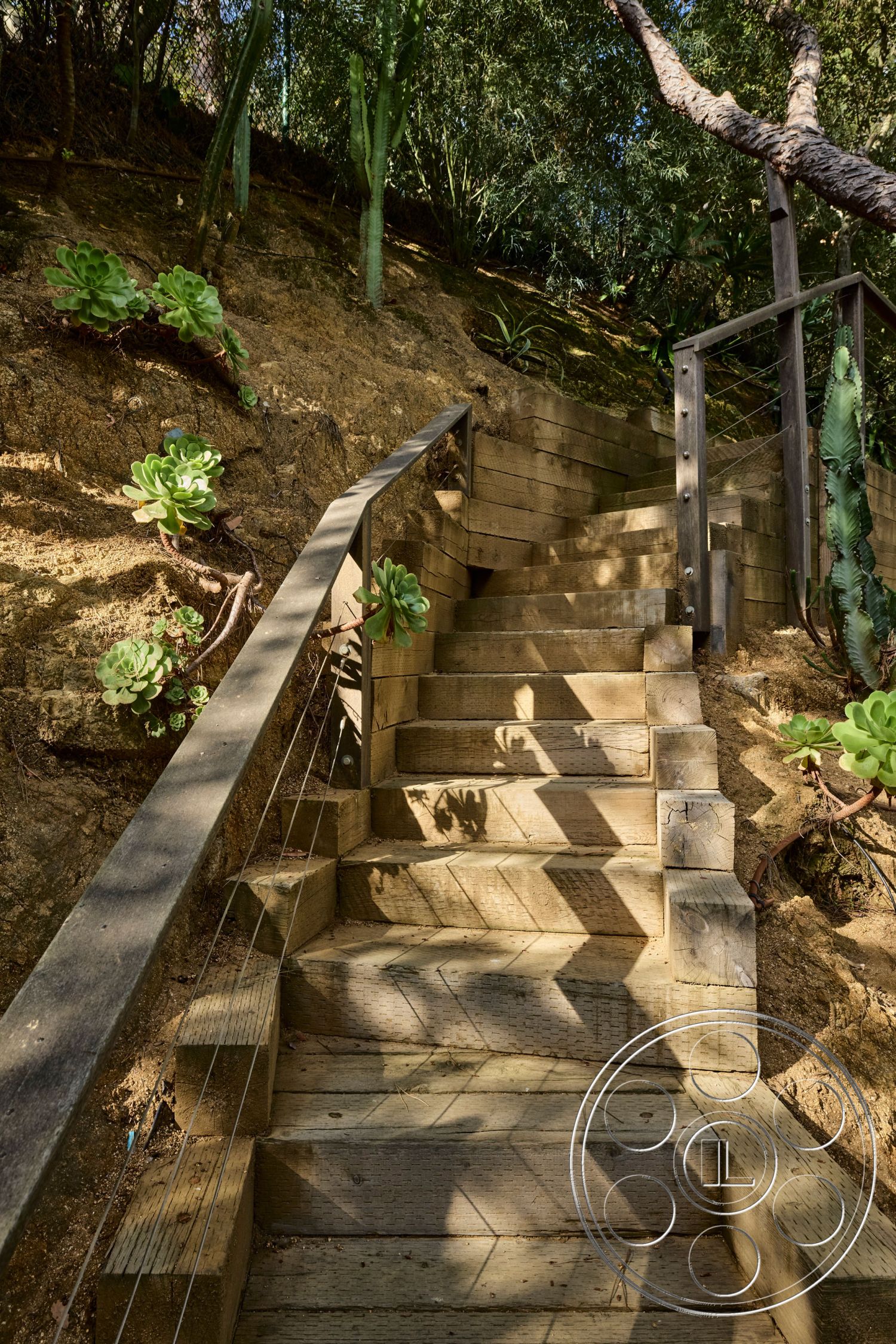 MCM 26 - wooden steps, sloped terrain, sustainable materials, outdoor stairs, sunlit path, eco-friendly landscaping, casual outdoor atmosphere, landscaped hillside setting, string lights for ambiance, pressure-treated wood railings, natural vegetation surrounding, textured wooden stair treads, stairs with integrated planting areas, rustic outdoor design