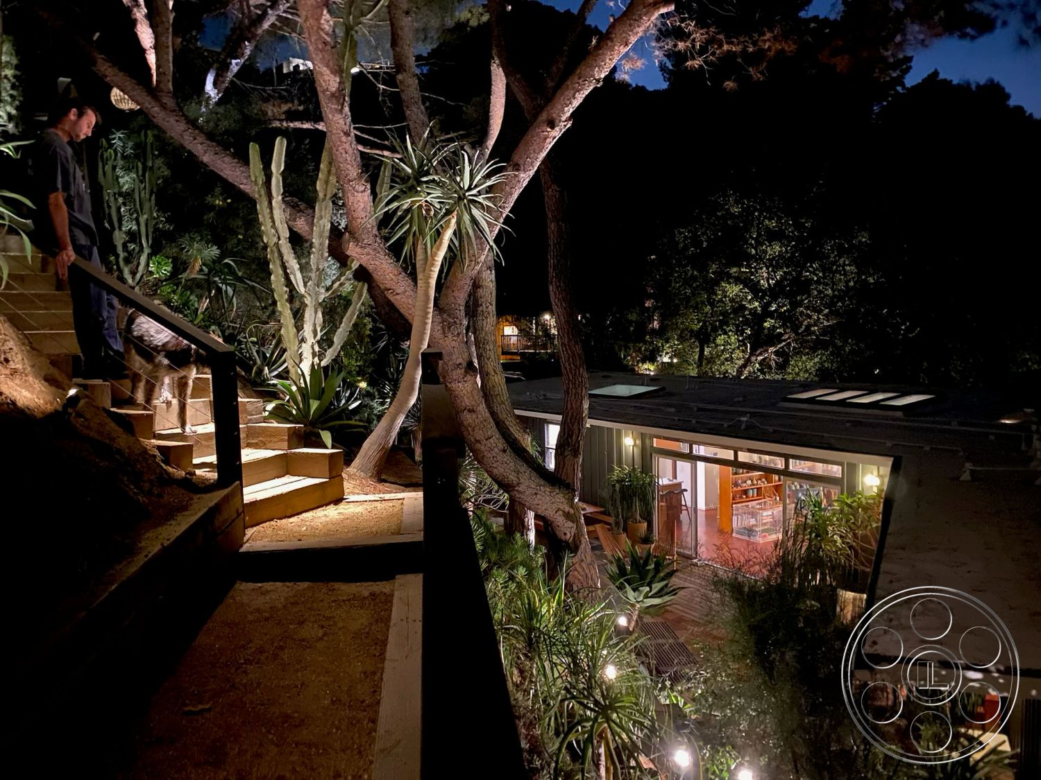 MCM 26 - large glass sliding doors, natural stone pathway, surrounded by trees, wooden deck patio, suburban hillside setting, exterior wooden staircase, concrete steps with wooden railing, landscape planting with cacti, modern flat-roof design, open-plan interior layout, environmental integration with nature, evening ambient landscape lighting, rustic outdoor living area, nighttime view, architectural design with natural elements