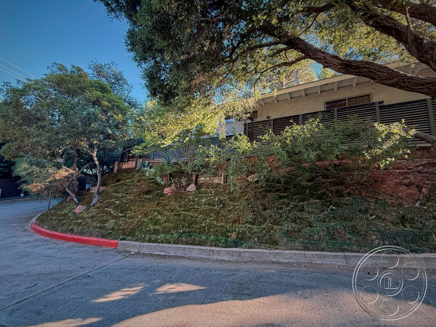 MCM 26 - natural greenery, mature trees, wooden slatted fence, curved driveway, urban residential setting, stucco wall finish, exterior house facade, modern architectural design, landscaped hillside garden, moss-covered slope, elevated front yard, concrete curb edge