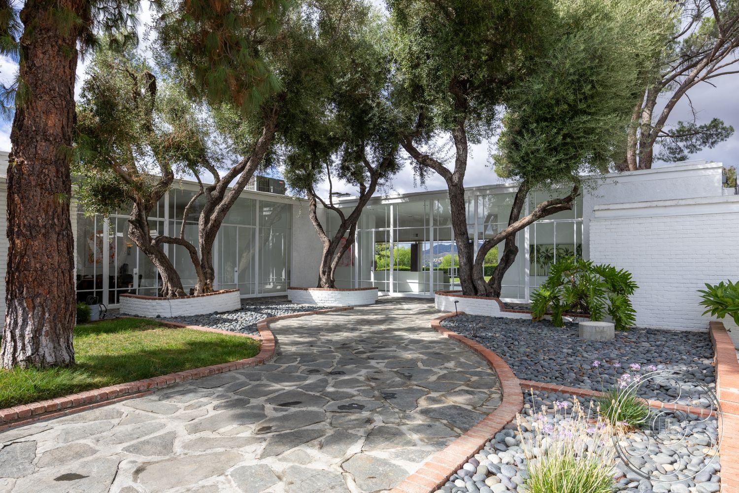 Sinatra House - exterior, large glass windows, circular driveway, lush green lawn, modern architectural style, stone walkway, white brick walls, spacious front yard, mature olive trees, succulent garden plants, contemporary outdoor setting, natural stone landscaping, landscape rock beds, brick border around planting areas