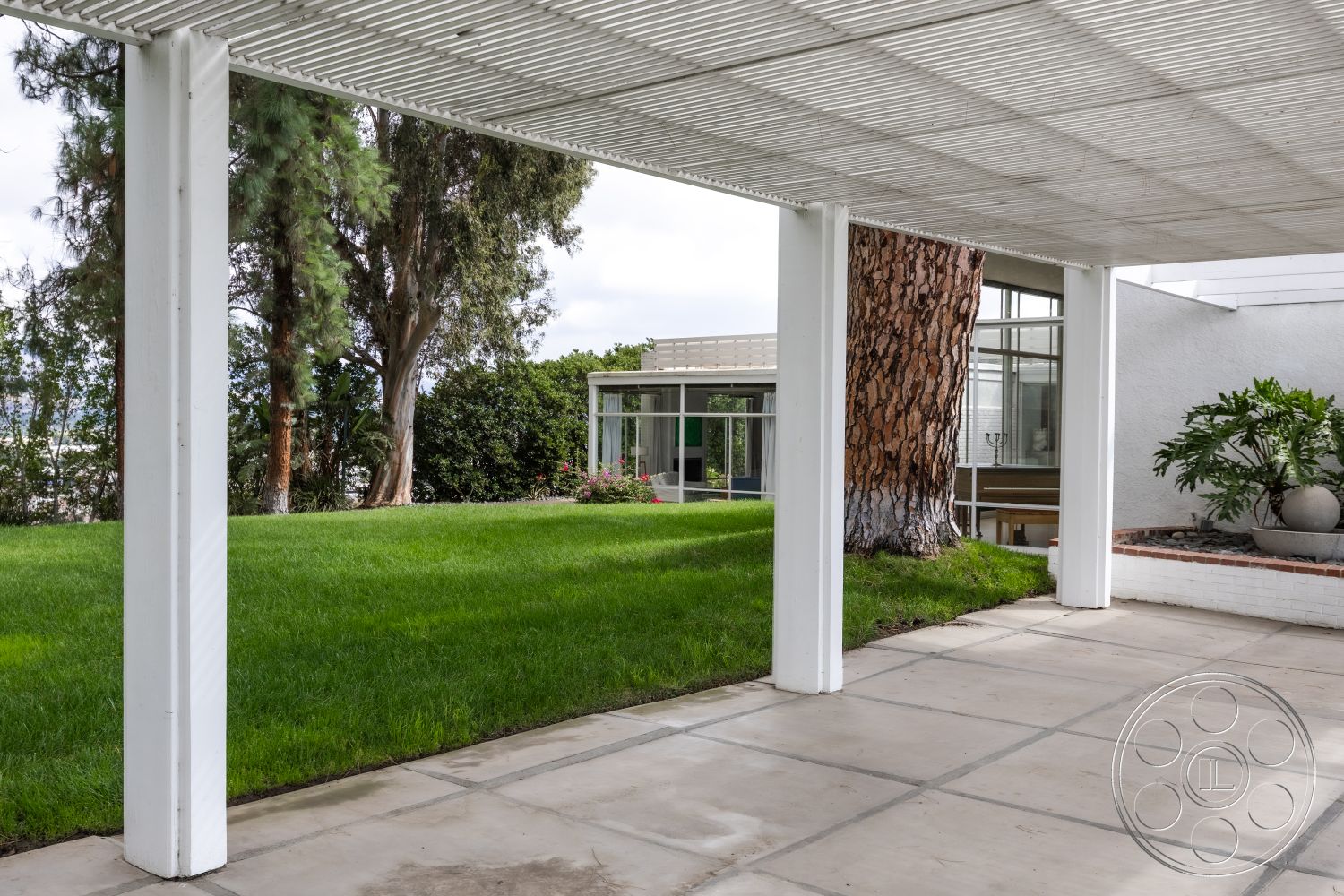 Sinatra House - smooth concrete surface, surrounding trees, open outdoor space, landscaped garden area, natural light integration, lush green lawn setting, minimalist architectural design, exterior concrete patio flooring, modern glass windows, white painted structural columns, flat roof pergola, concrete paver patio, contemporary residential setting, urban outdoor living area