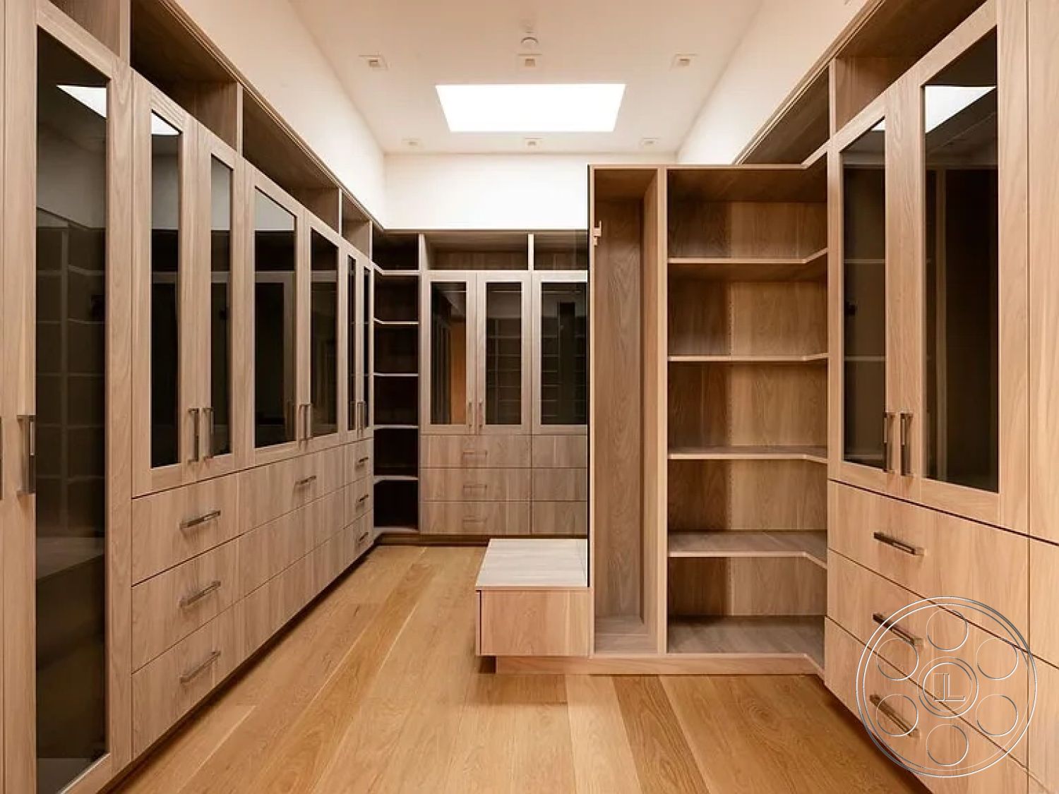 Modern 512 - minimalist design, light hardwood flooring, built-in storage, contemporary interior style, skylight ceiling, open shelving units, floor-to-ceiling cabinetry, natural oak cabinetry, glass door cabinets, smooth wood drawer fronts, modern closet layout