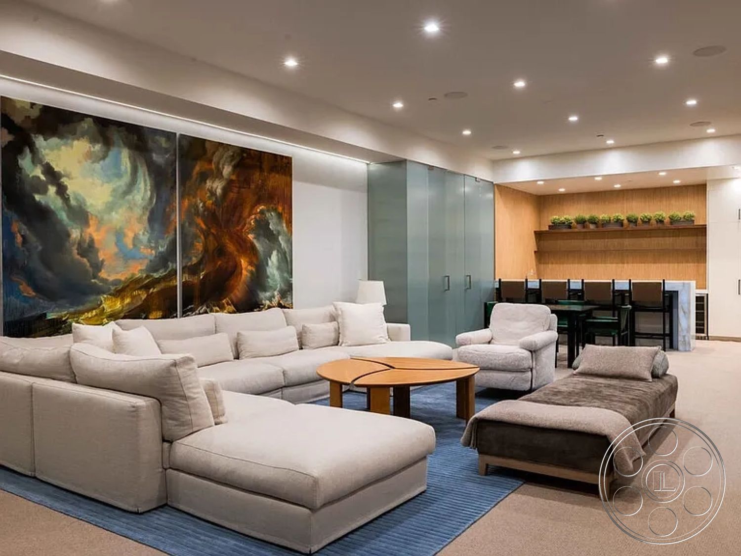 Modern 512 - neutral color palette, wood coffee table, open floor plan, multi-functional space, striped area rug, light gray walls, indirect lighting, contemporary dining area, recessed ceiling lights, glass partition wall, interior modern living room, warm wood cabinetry, textured fabric sectional sofa, abstract artwork wall decor, upholstered lounge chair, built-in shelf with greenery