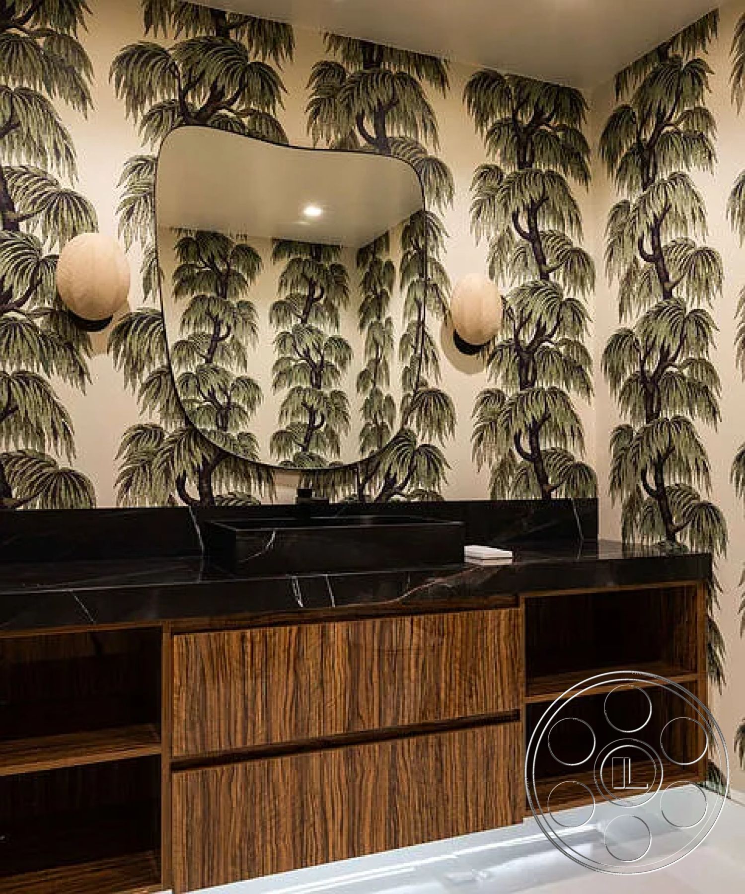 Modern 512 - black marble countertop, textured wall treatment, modern wall sconces, wood veneer cabinetry, minimalist interior decor, clean lines and shapes, contemporary bathroom styling, geometric mirror design, tropical wallpaper accent, floating vanity structure, sophisticated lighting design, luxurious material combination, palm tree motif wallpaper, open shelving storage, elegant fixture design