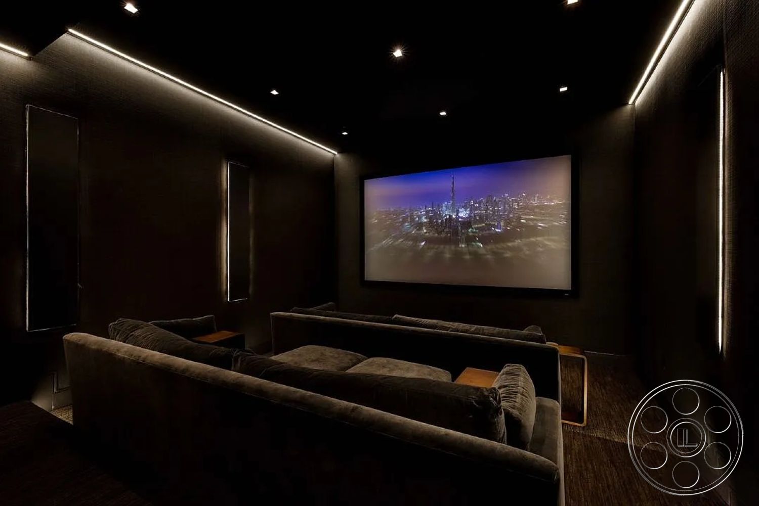 Modern 512 - recessed ceiling lights, modern minimalist design, interior home theater, wooden accent side table, dark textured wall treatment, velvet sectional sofa, large screen projection wall, soundproof acoustic paneling, ambient LED strip lighting, low pile carpet flooring