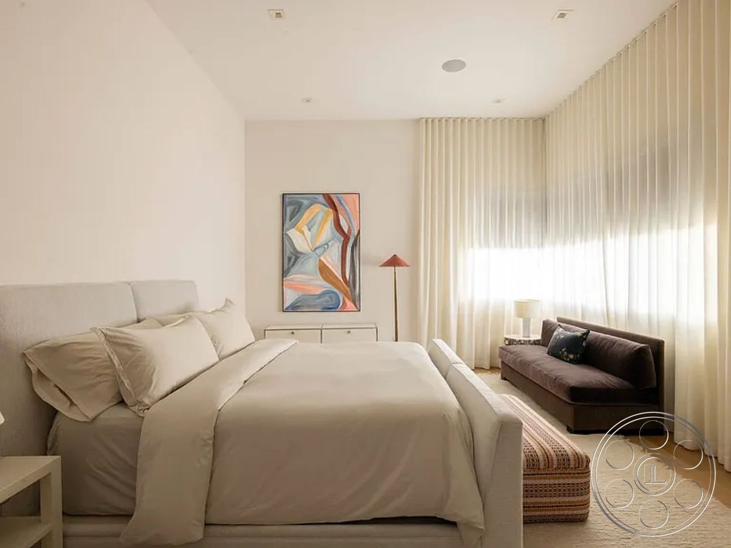 Modern 512 - neutral color palette interior, textured plaster walls interior, open layout interior, functional storage solutions interior, woven area rug interior, soft fabric bed linens interior, floor-to-ceiling sheer curtains interior, modern minimalist aesthetic interior, delicate painting accent wall interior, wooden bedside table interior, contemporary floor lamp interior, plush velvet sofa interior, dimensional light fixtures interior, spacious master bedroom interior, subtle decorative elements interior