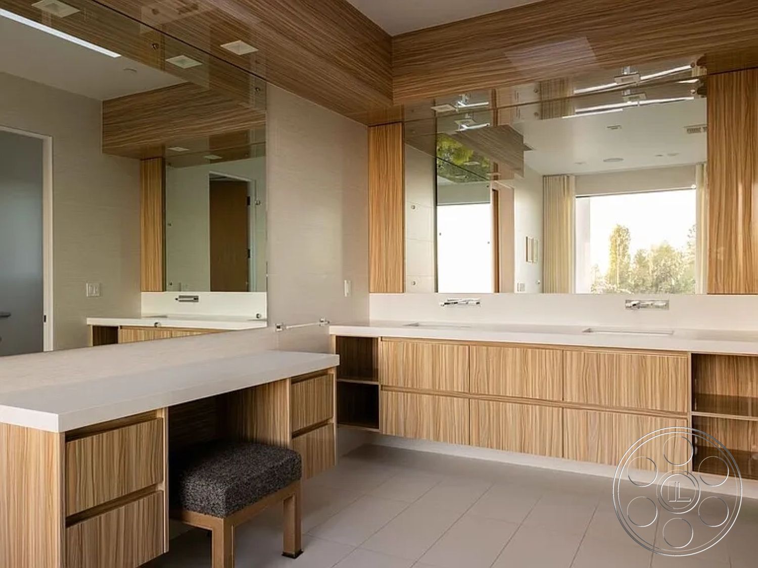 Modern 512 - neutral color palette, textured wall finish, large floor-to-ceiling windows, white quartz countertop, modern bathroom design, mirror accent wall, minimalist interior, vanity with light wood cabinetry, stone tile bathroom flooring, reflected natural light, contemporary shelving units, brushed nickel faucet fixtures, seamless glass shower enclosure, floating vanity style, soft close cabinet doors