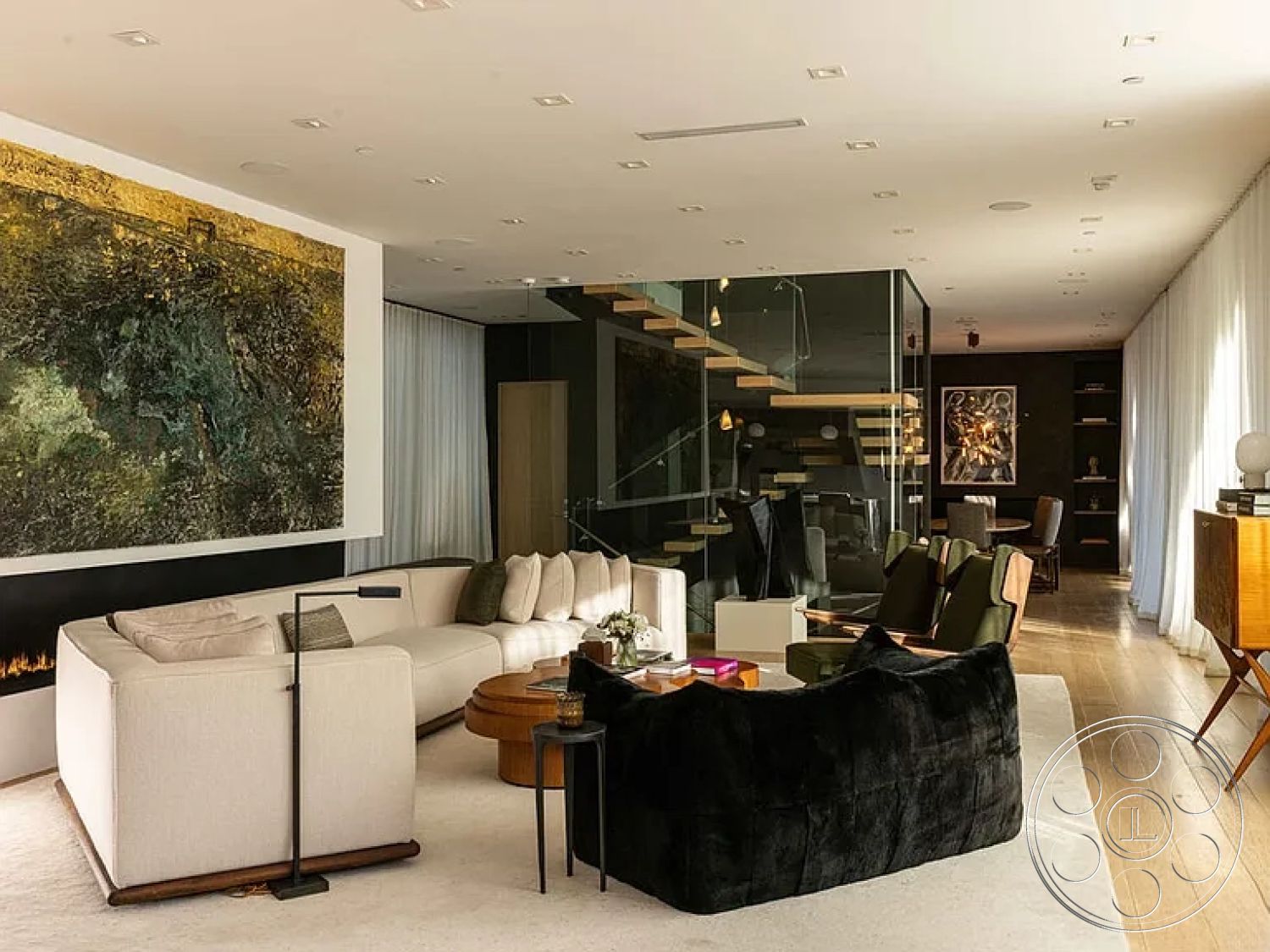 Modern 512 - neutral color palette, hardwood flooring, textured wall art, artistic wall decor, open concept layout, modern coffee table, floor-to-ceiling windows, black accent wall, glass staircase, natural light flooding, recessed ceiling lighting, interior living room, decorative plant accents, smooth plaster walls, minimalist lighting fixtures, contemporary armchairs, contemporary shelving units, fabric upholstered sectional sofa, cozy fireplace area, complementary area rug