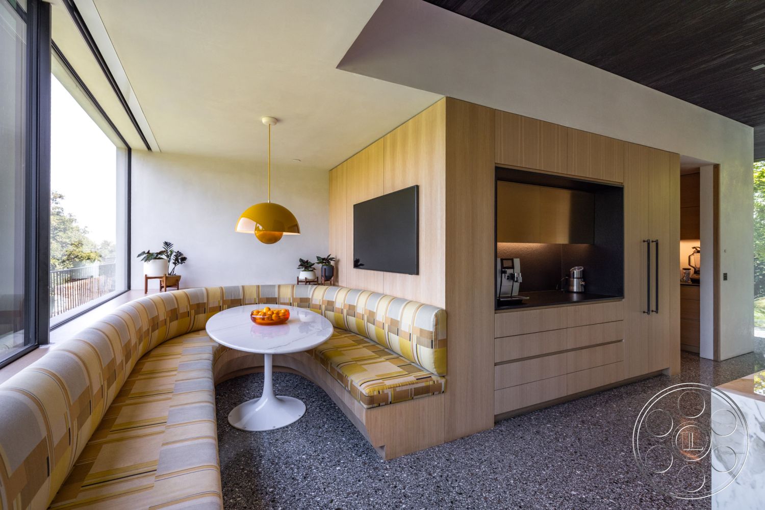 Modern 513 - exterior, modern pendant lighting, floor-to-ceiling windows, contemporary design elements, textured plaster walls, stylish dining area, built-in appliances, natural light flooding, open-concept kitchen, granite kitchen countertops, minimalist interior style, potted indoor plants, simple geometric forms, terrazzo kitchen flooring, gallery kitchen design, curved banquette seating, wood cabinetry with matte finish, white and wood color palette, integrated kitchen shelves