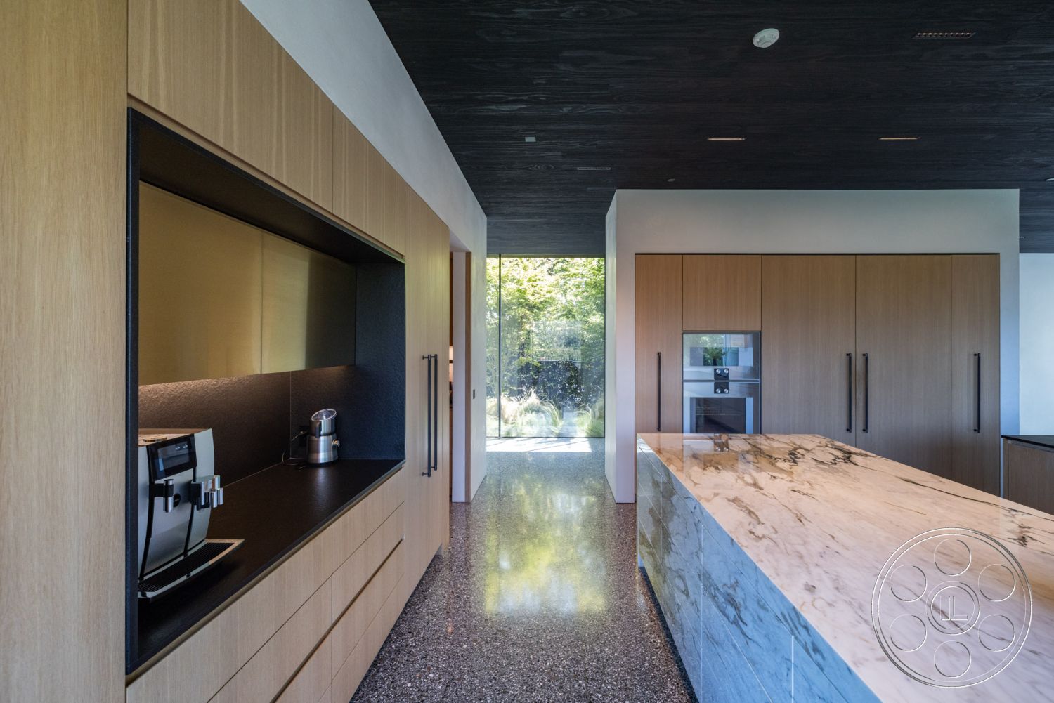 Modern 513 - interior recessed lighting, interior natural light, interior floor-to-ceiling windows, interior open floor plan, interior minimalist design, interior marble kitchen island, interior polished concrete flooring, interior wood cabinetry, interior seamless indoor-outdoor transition, interior geometric shapes, interior black stone countertop, interior quartzite kitchen countertops, interior contrasting wood finishes, interior matte black hardware, interior sleek modern appliances, interior horizontal wood paneling, interior combined kitchen and dining area, interior soft finish walls