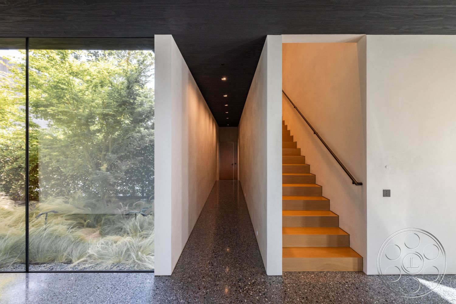 Modern 513 - neutral color palette, open space layout, modern architectural design, subtle recessed lighting, exposed wood ceiling, floating wooden staircase, concrete polished flooring, interior minimalist hallway, large glass wall with garden view, smooth textured plaster walls