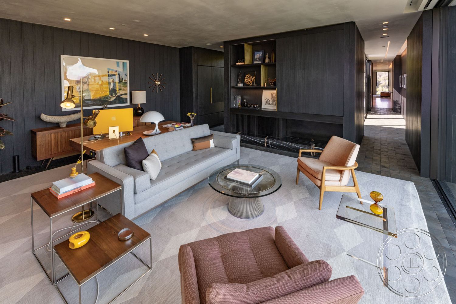 Modern 513 - minimalist decor, neutral color palette, large windows, natural light, light hardwood flooring, open floor plan, glass coffee table, functional workspace, decorative wall art, geometric area rug, textured plaster ceiling, stylish table lamp, designer accessories, contemporary armchair, built-in shelving unit, interior modern living room, wood side table, gray fabric sofa with accent pillows, dark wood panel accent wall, circular art piece on wall