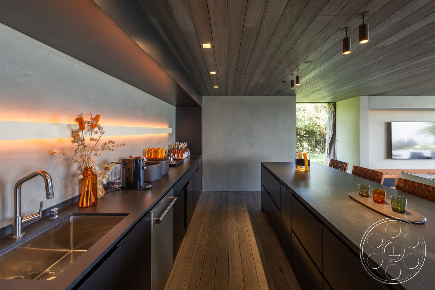 Modern 513 - interior kitchen with recessed lighting, interior kitchen with large windows, interior kitchen with hardwood flooring, interior kitchen with natural light, interior kitchen with black cabinetry, interior kitchen with concrete countertops, interior kitchen with wood beam ceiling, interior kitchen with integrated appliances, interior kitchen with modern faucet, interior kitchen with minimalistic decor, interior kitchen with ambient lighting, interior kitchen with open concept layout, interior kitchen with seamless wall finish, interior kitchen with decorative vases, interior kitchen leading to outdoor space