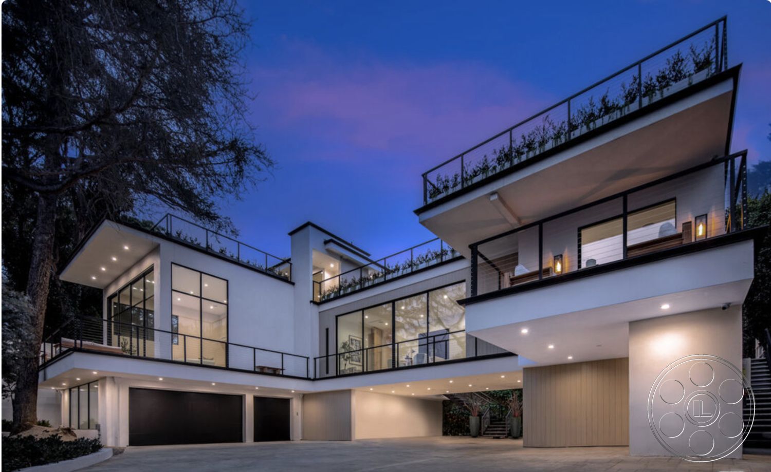 Modern 514 - interior neutral color palette, exterior concrete driveway, exterior landscaped garden, interior floor-to-ceiling windows, exterior flat roof design, interior minimalist design, interior recessed ceiling lights, interior polished concrete floors, interior glass partition wall, exterior glass curtain walls, exterior contemporary architectural style, exterior recessed lighting fixtures, interior contemporary furnishings, interior vaulted ceilings, exterior open floor plan, exterior steel balcony railings, exterior wooden deck with planters, exterior stone textured wall, exterior warm white LED lighting, exterior multi-level terraces, exterior modernist geometric shapes, interior breezy open concept living area, interior modern staircase, interior large sliding glass doors, interior integrated kitchen with island, interior luxury living room