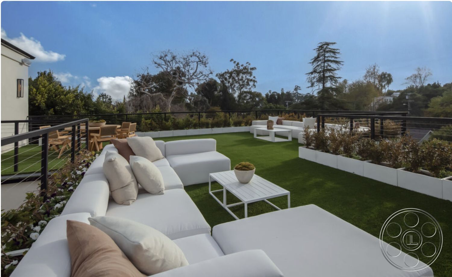 Modern 514 - metal railing, contemporary outdoor furniture, landscaped planters, sunny outdoor space, modern minimalist design, urban hillside setting, exterior rooftop patio, plush outdoor cushions, synthetic grass flooring, white outdoor sectional sofa, wood outdoor dining set, outdoor coffee table, panoramic greenery view