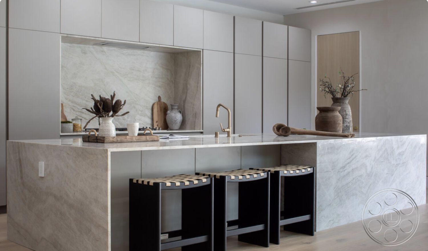 Modern 514 - interior kitchen with marble countertops, interior kitchen with minimalist design, interior kitchen with natural light, interior kitchen with open layout, interior kitchen with integrated appliances, interior kitchen with grey cabinetry, interior kitchen with textured marble backsplash, interior kitchen with wooden dining stools, interior kitchen with gold faucet fixtures, interior kitchen with high-end finishes, interior kitchen with contemporary style