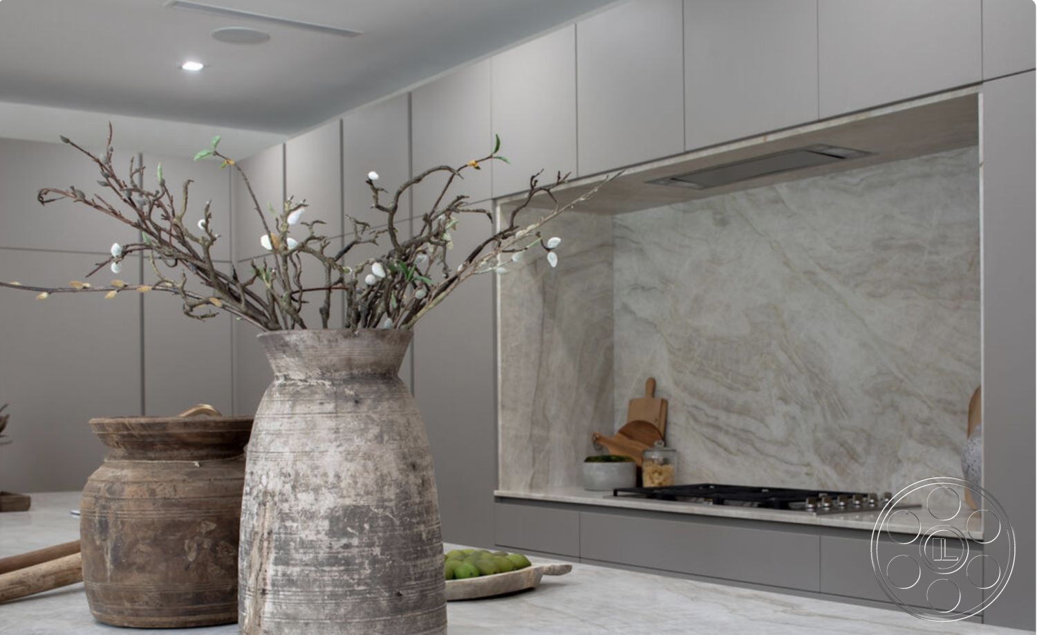 Modern 514 - interior open-concept layout, interior textured wall treatment, interior minimalist decor, interior modern kitchen design, interior marble kitchen backsplash, interior under-cabinet lighting, interior concrete countertop, interior grey cabinetry, interior oak kitchen pottery, interior decorative branches arrangement