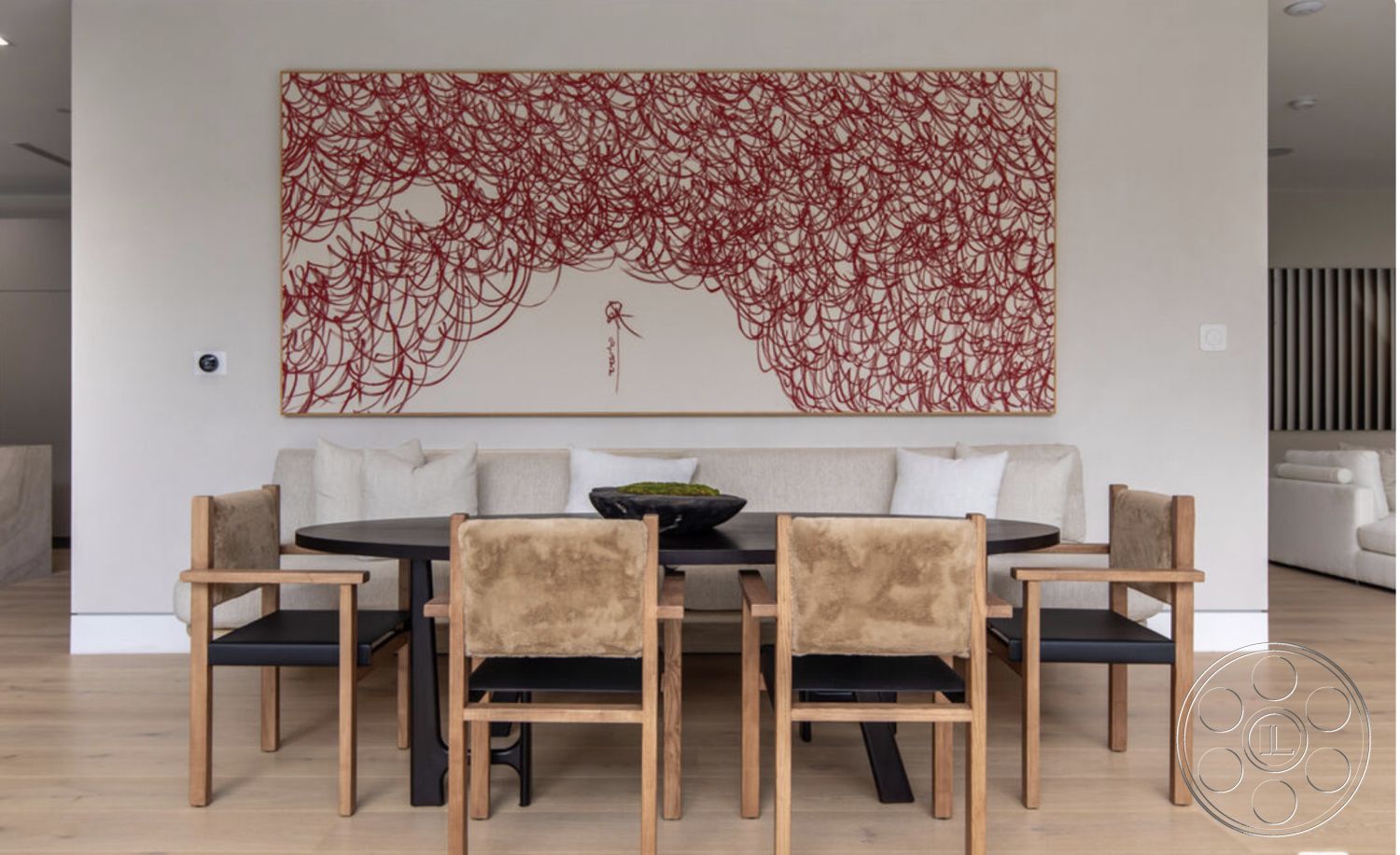 Modern 514 - minimalist design, light hardwood flooring, open concept layout, wood dining table, floor-to-ceiling windows, decorative throw pillows, subtle color palette, simple geometric shapes, interior dining area, neutral painted walls, modern sectional sofa, ample natural light, fabric upholstered dining chairs, contemporary art wall piece, stylish center bowl, wall-mounted thermostat