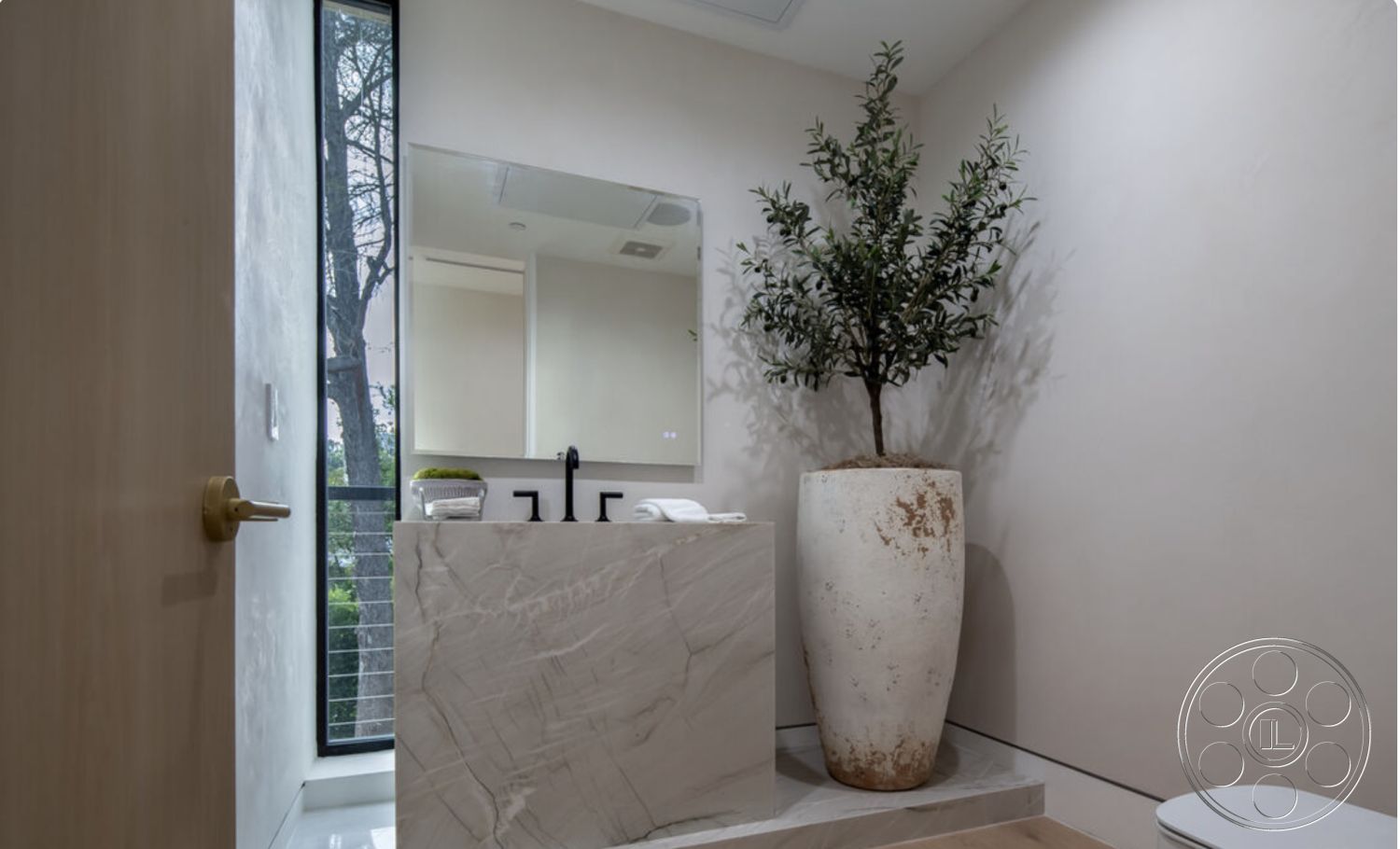 Modern 514 - interior recessed ceiling lights, interior marble countertop vanity, interior concrete wall finishes, interior hardwood door, interior black faucet fixtures, interior large mirror with minimal frame, interior stone planter pot, interior olive tree plant accent, interior large glass window, interior modern minimalist style