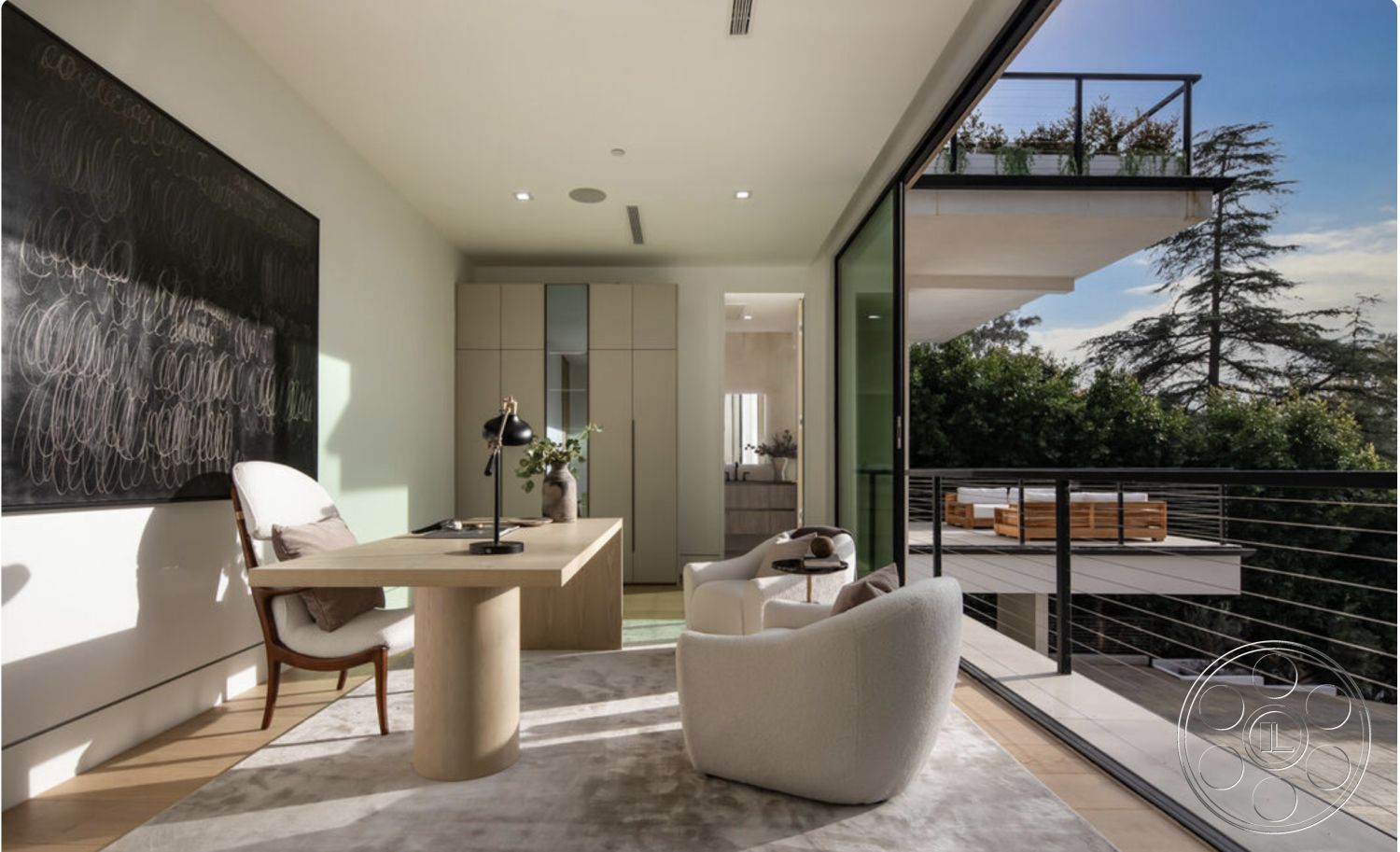 Modern 514 - neutral color palette, hardwood flooring, textured wall art, modern pendant lighting, open concept design, floor-to-ceiling windows, round wooden table, white painted walls, interior office space, metal railing balcony, transparent glass walls, modern minimalist desk, stylish ergonomic office chair, lush outdoor greenery view, contemporary decorative accents