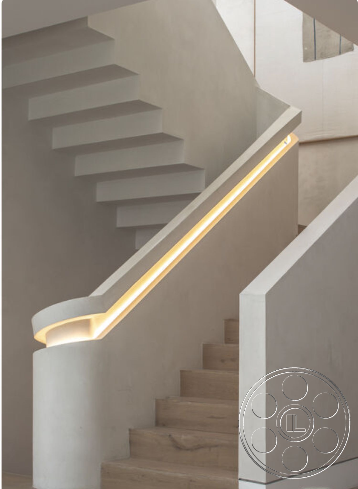 Modern 514 - soft neutral color palette, open space layout, natural wood floors, minimalist architectural design, smooth plaster wall finish, interior stairwell, exposed concrete staircase, floating wooden stair treads, curved concrete stair railing, integrated LED lighting in railing, modern staircase design
