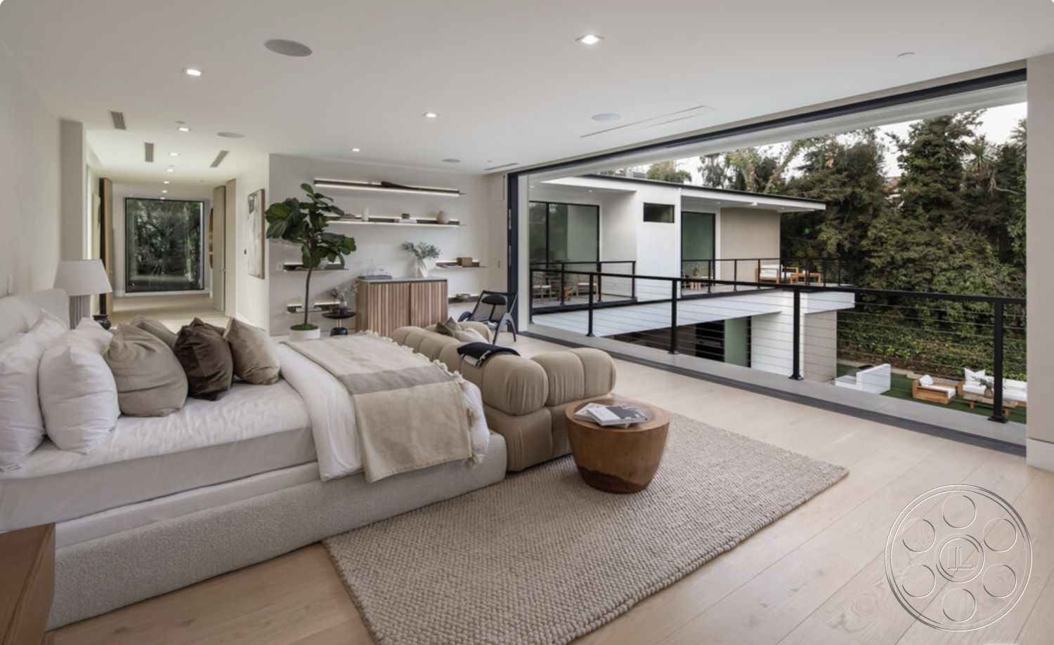 Modern 514 - neutral color palette, textured area rug, exposed concrete wall, modern architectural style, open concept living space, seamless indoor-outdoor flow, cozy reading nook, indoor plant decor, recessed lighting fixtures, minimalist interior design, hardwood bedroom floors, white painted walls, floor-to-ceiling glass windows, urban landscape setting, natural light-filled room, contemporary bedside table, spacious master bedroom, modern wood accent furniture, oversized king bed, tropical foliage view, outdoor balcony with railing, horizontal wooden shelving