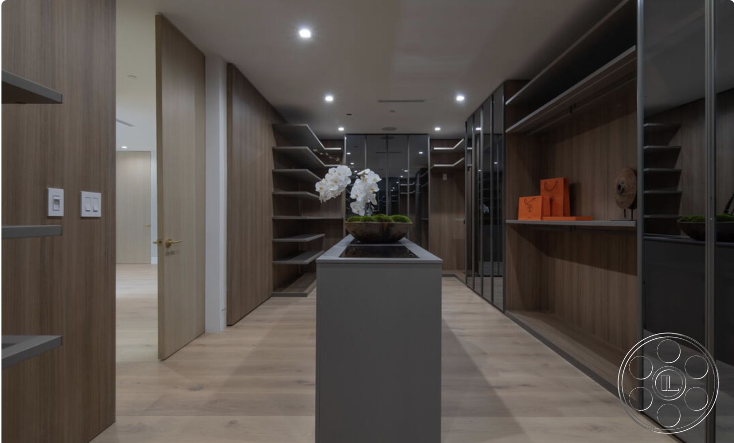 Modern 514 - neutral color palette, artistic wall decor, light wood paneling, minimalist interior design, high ceiling with recessed lighting, modern door hardware, bright interior lighting, space-efficient design elements, open shelving units, engineered hardwood flooring, modern glass display shelves, sleek grey cabinetry, decorative indoor planter, contemporary closet space, luxury walk-in closet