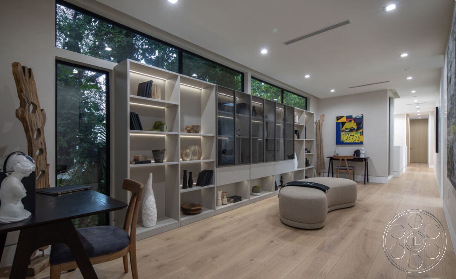 Modern 514 - neutral color palette, open floor plan, modern art wall decor, soft ambient lighting, textured wall finishes, contemporary furniture design, interior hardwood flooring, functional workspace area, exterior large glass windows, minimalist shelving units, natural wood accent decor, geometric decorative elements, sculptural tabletop decor, seamless connection to outdoor views