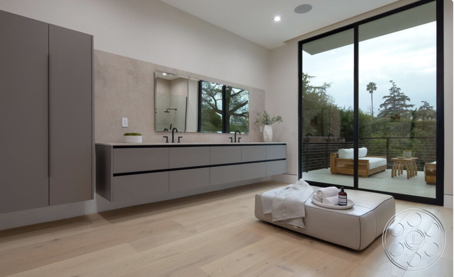 Modern 514 - neutral color palette, light hardwood flooring, natural light from large windows, textured plaster walls, outdoor patio view, landscaped garden setting, minimalist design aesthetic, interior bathroom, clean lines and geometric forms, wood beam ceiling, floor-to-ceiling glass sliding doors, contemporary bathroom fixtures, concrete wall treatment, floating bathroom vanity with gray finish, black handle cabinetry, spacious master bathroom layout, modern bathroom mirrors, potted greenery for accent